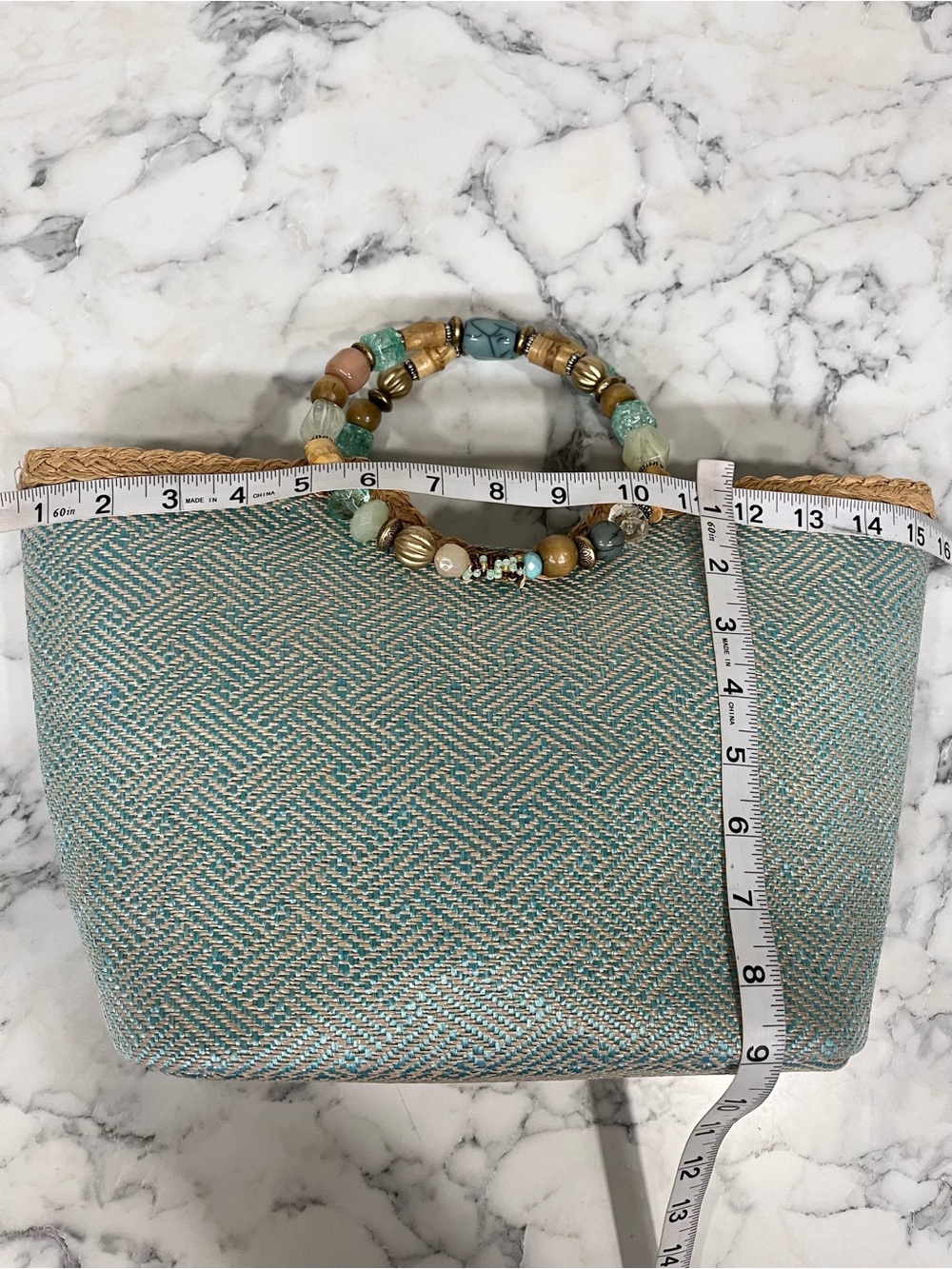 Cappelli pastel blue tan woven straw handbag tote colorful beaded handle coastal - Picture 6 of 9